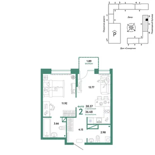 Планировка 2-комн. квартира, 38.37 м² ЖК «Юнион»