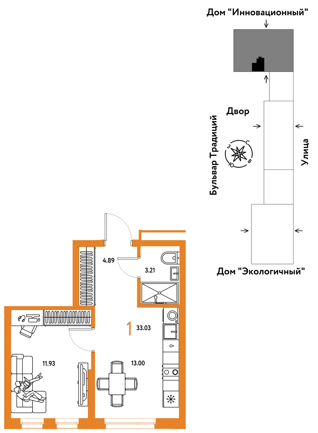 Планировка 1-комн. квартира, 33.03 м² ЖК «Микрорайон Домашний»