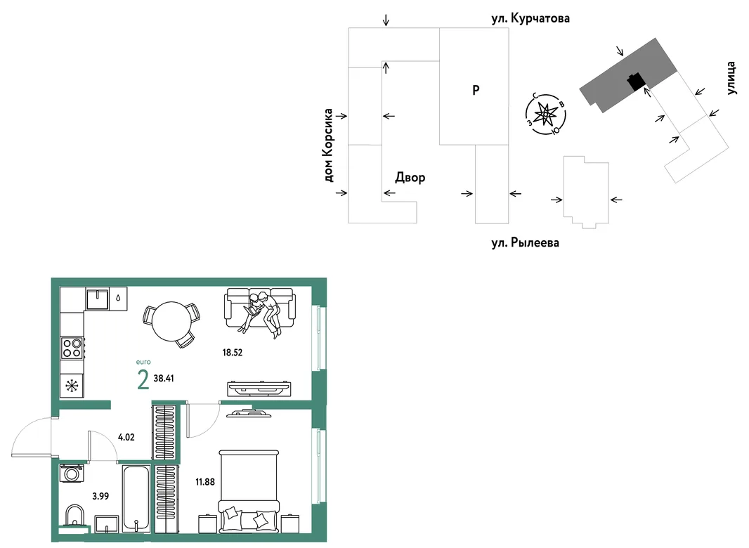 Планировка 2-комн. квартира, 38.59 м² ЖК «Остров-сад»