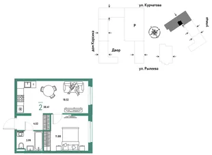 Планировка 2-комн. квартира, 38.59 м² ЖК «Остров-сад»
