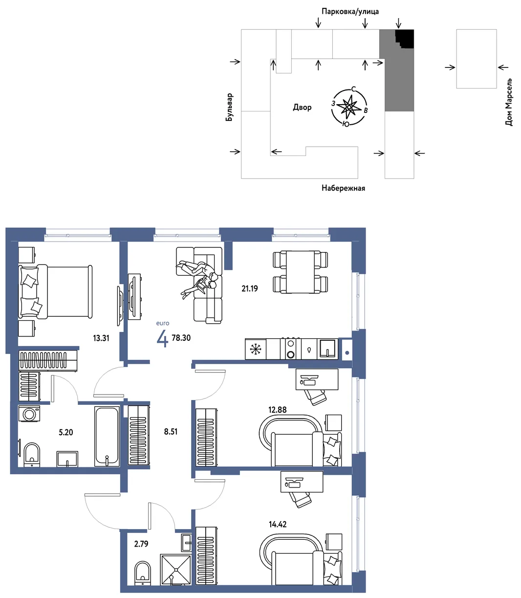 Планировка 4-комн. квартира, 78.3 м² ЖК «Европейский берег 2.0»