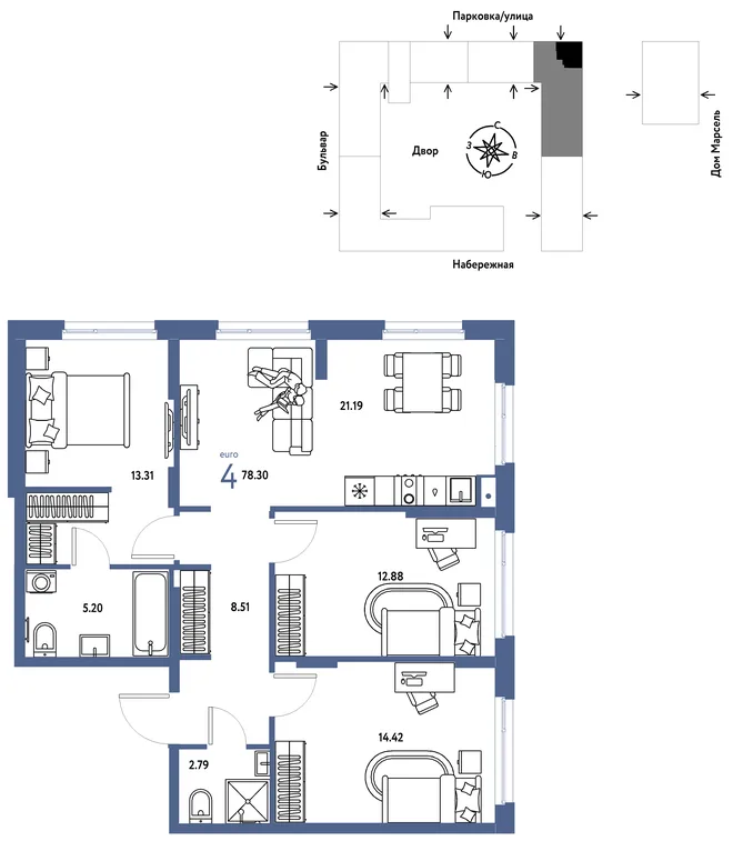 Планировка 4-комн. квартира, 78.3 м² ЖК «Европейский берег 2.0» Планировка 4-комн. квартира, 78.3 м² ЖК «Европейский берег 2.0»