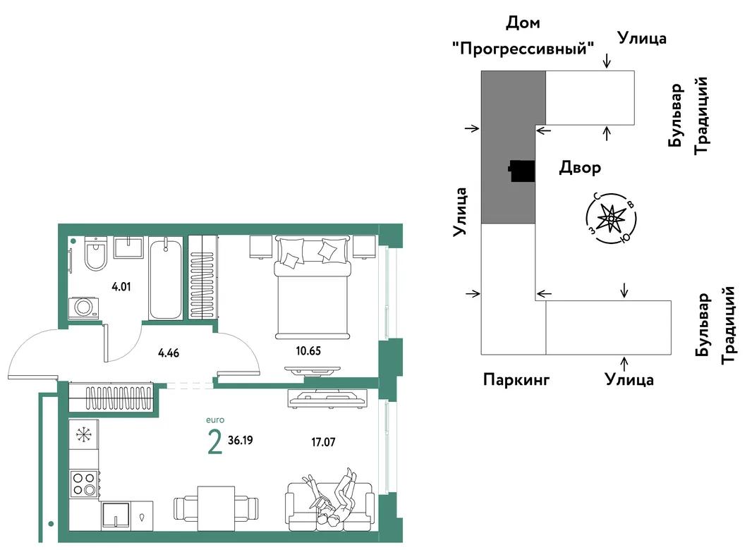 Планировка 2-комн. квартира, 36.19 м² ЖК «Микрорайон Домашний»