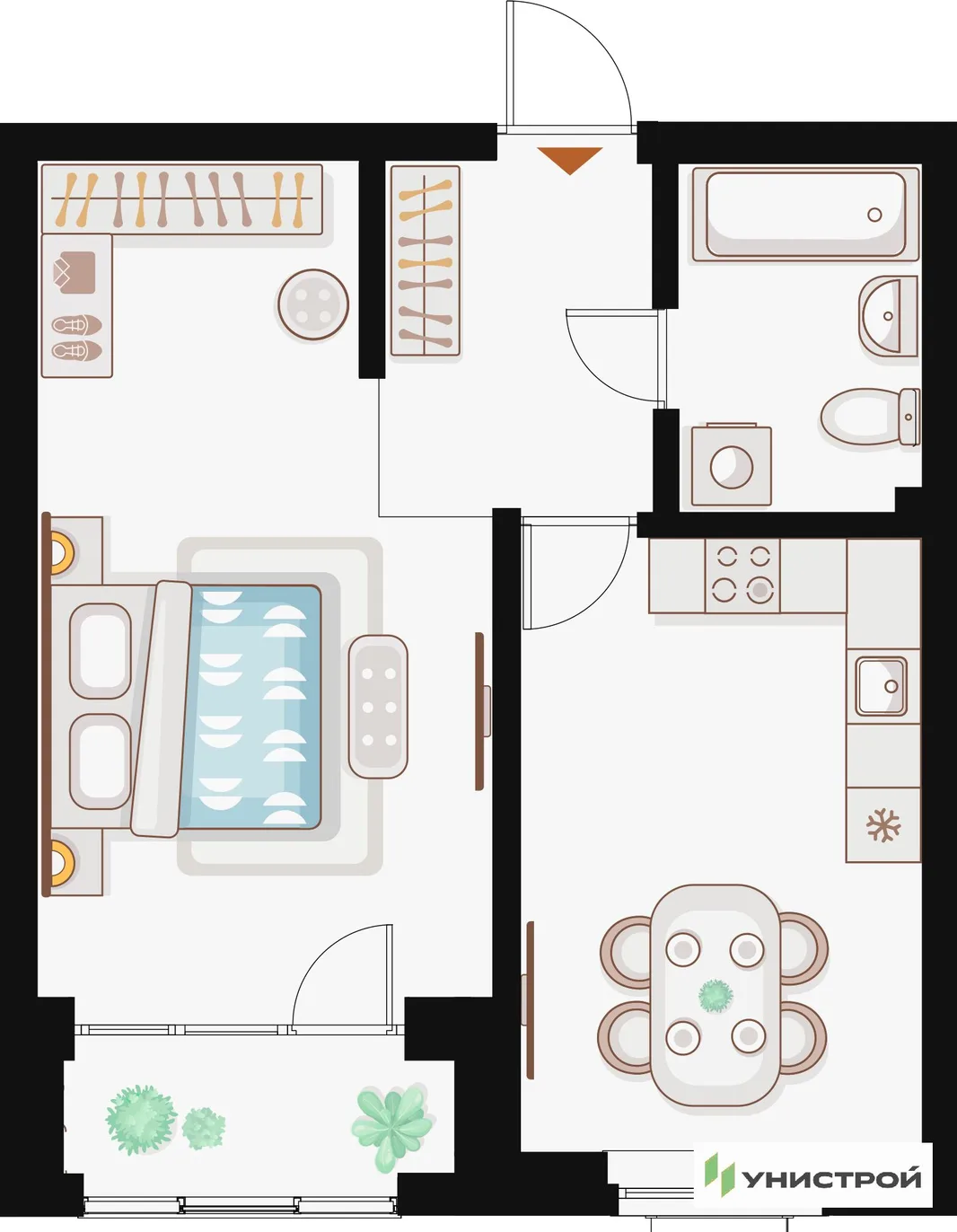 Планировка 1-комн. квартира, 43.05 м² ЖК «Жилой кластер Q на Кулагина»