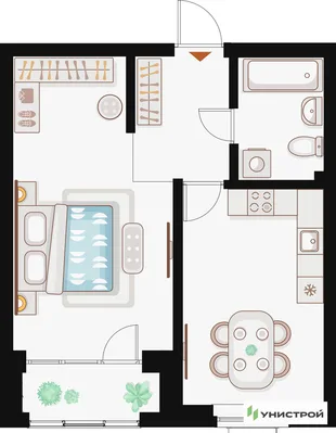 Планировка 1-комн. квартира, 43.05 м² ЖК «Жилой кластер Q на Кулагина»