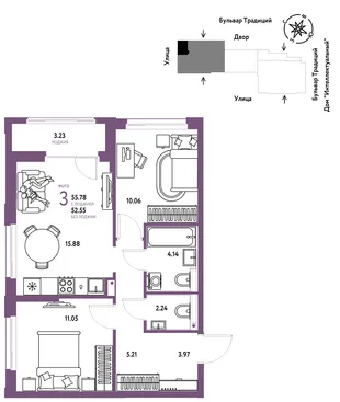 Планировка 3-комн. квартира, 55.78 м² ЖК «Микрорайон Домашний»