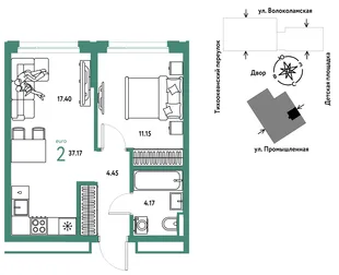 Планировка 2-комн. квартира, 37.17 м² ЖК «Страна Прибрежная»