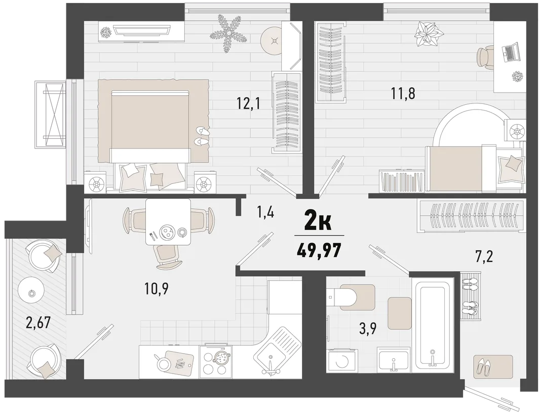 Планировка 2-комн. квартира, 49.97 м² ЖК «Барса»