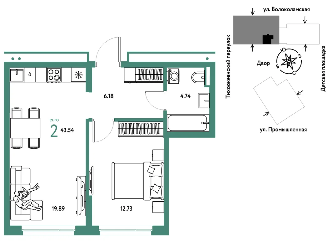 Планировка 2-комн. квартира, 43.54 м² ЖК «Страна Прибрежная»