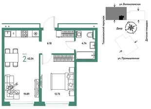 Планировка 2-комн. квартира, 43.54 м² ЖК «Страна Прибрежная»