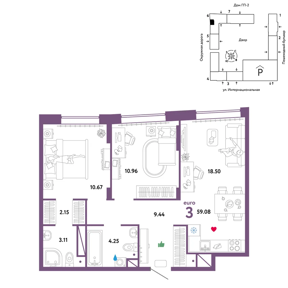Планировка 3-комн. квартира, 59.08 м² ЖК «Юнион»