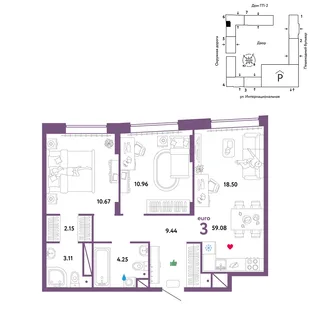 Планировка 3-комн. квартира, 59.08 м² ЖК «Юнион»