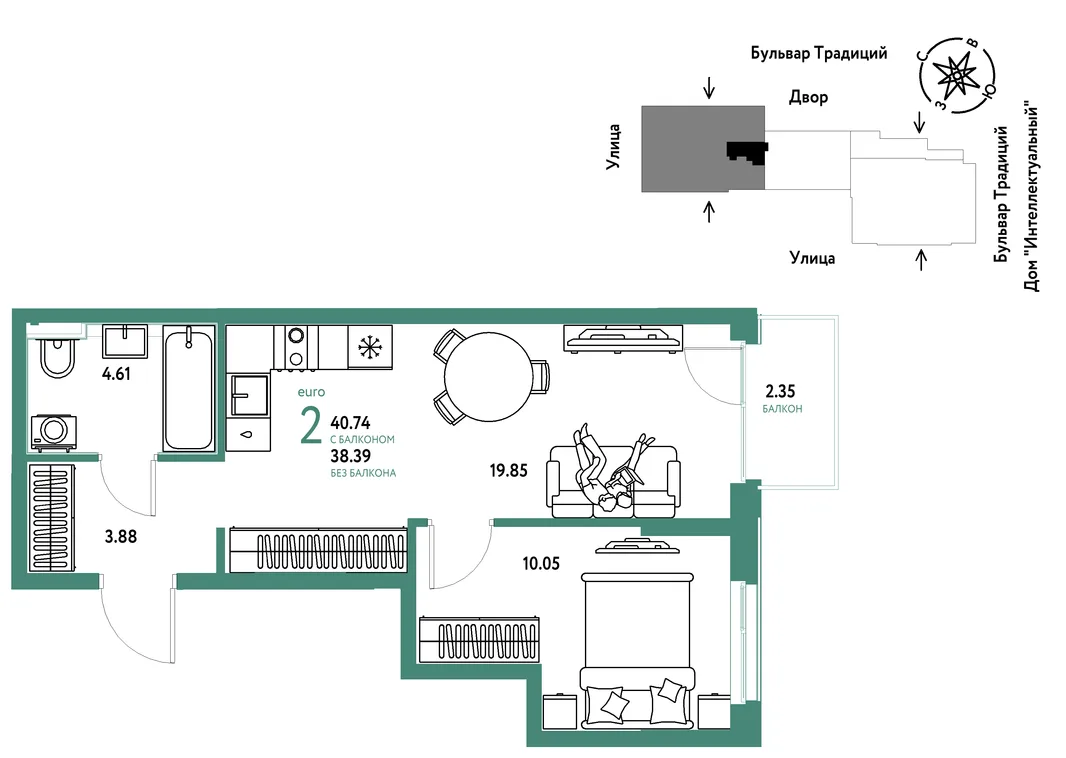 Планировка 2-комн. квартира, 40.74 м² ЖК «Микрорайон Домашний»