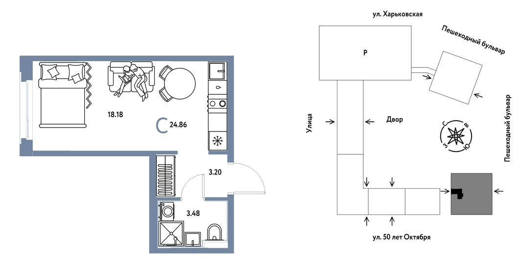 Планировка Студия, 24.86 м² ЖК «Сердце Сибири»