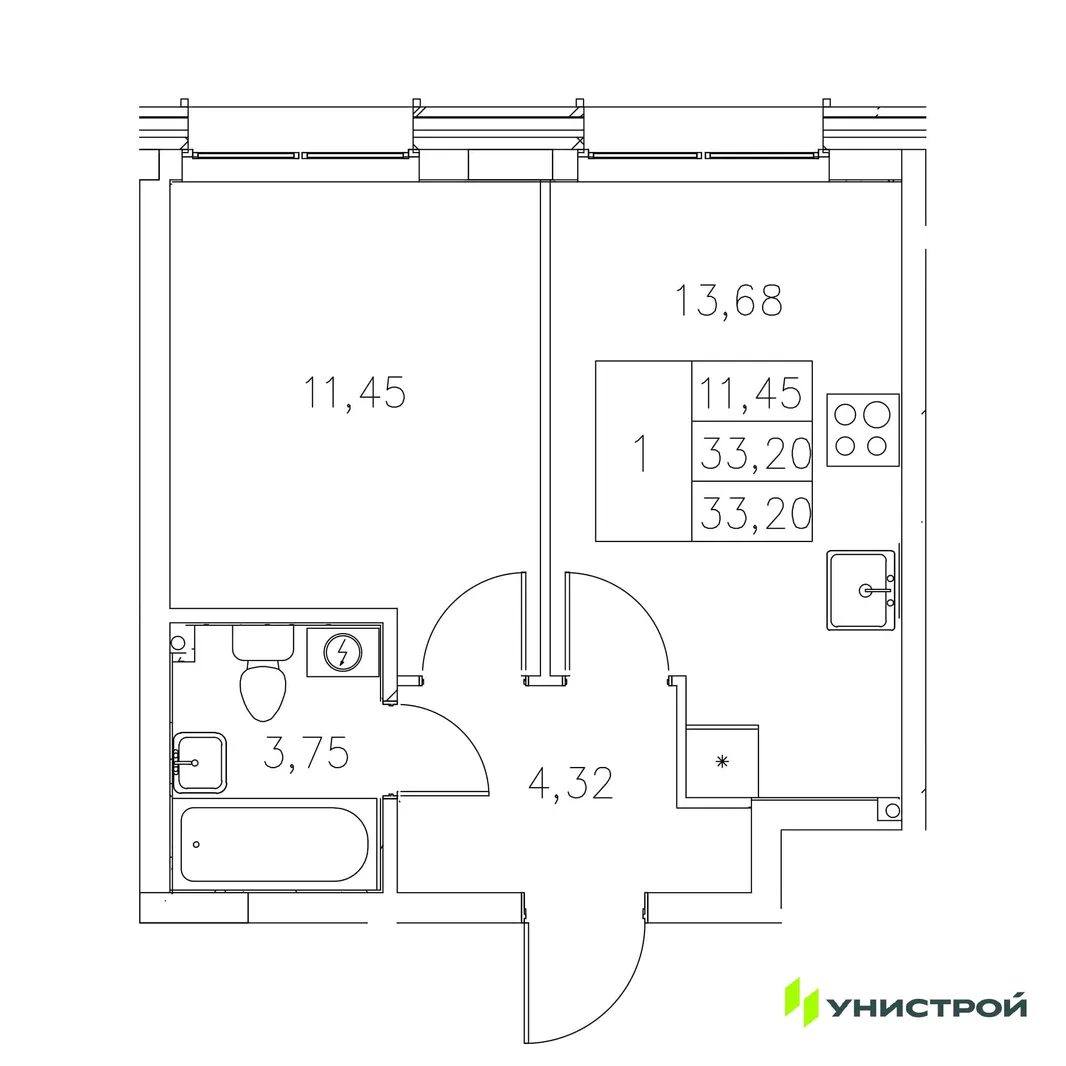 Планировка 1-комн. квартира, 33.2 м² ЖК «Statum»