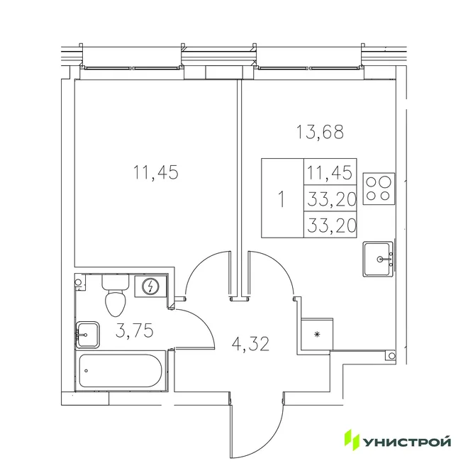 Планировка 1-комн. квартира, 33.2 м² ЖК «Statum»