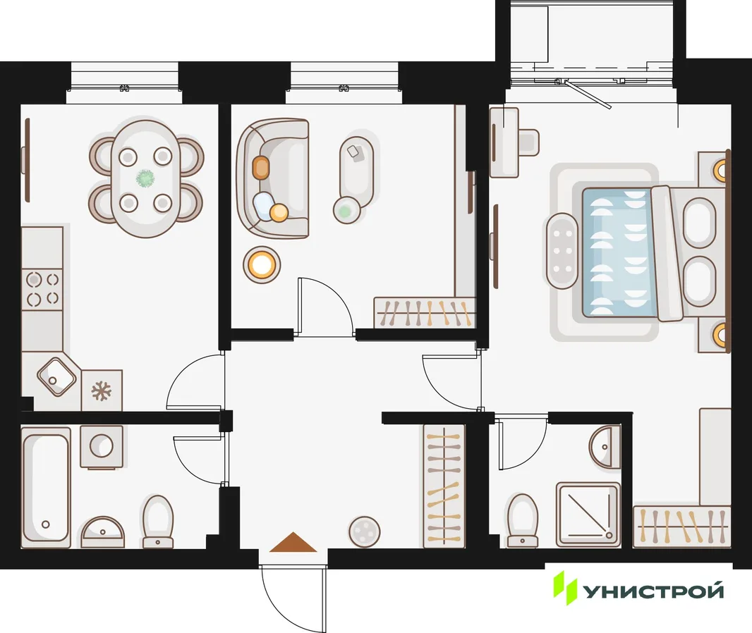 Планировка 2-комн. квартира, 61.23 м² ЖК «Жилой кластер Q на Кулагина»