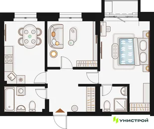 Планировка 2-комн. квартира, 61.23 м² ЖК «Жилой кластер Q на Кулагина»