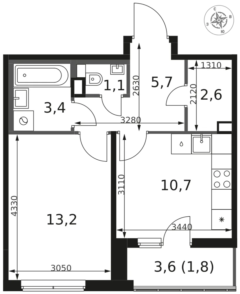 Планировка 1-комн. квартира, 38.5 м² ЖК «1-й Химкинский»