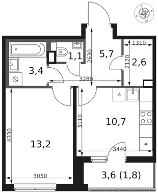 Планировка 1-комн. квартира, 38.5 м² ЖК «1-й Химкинский»