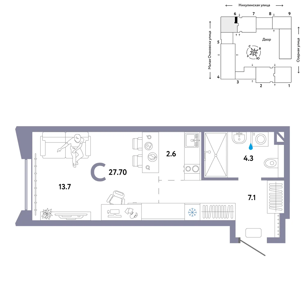 Планировка Студия, 27.7 м² ЖК «Страна.Озёрная»