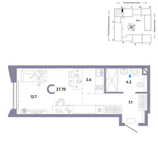 Планировка Студия, 27.7 м² ЖК «Страна.Озёрная»