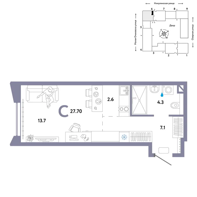 Планировка Студия, 27.7 м² ЖК «Страна.Озёрная» Планировка Студия, 27.7 м² ЖК «Страна.Озёрная»