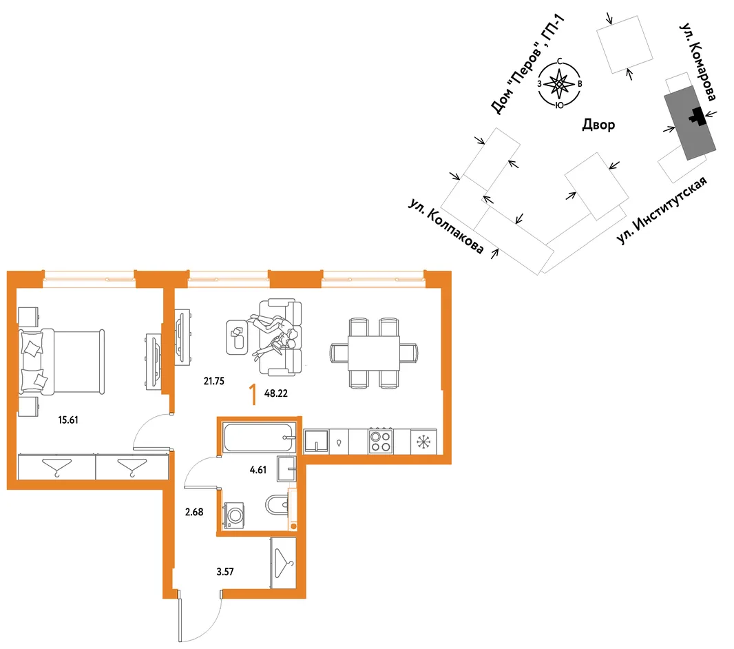 Планировка 1-комн. квартира, 48.22 м² ЖК «Страна.Парковая»