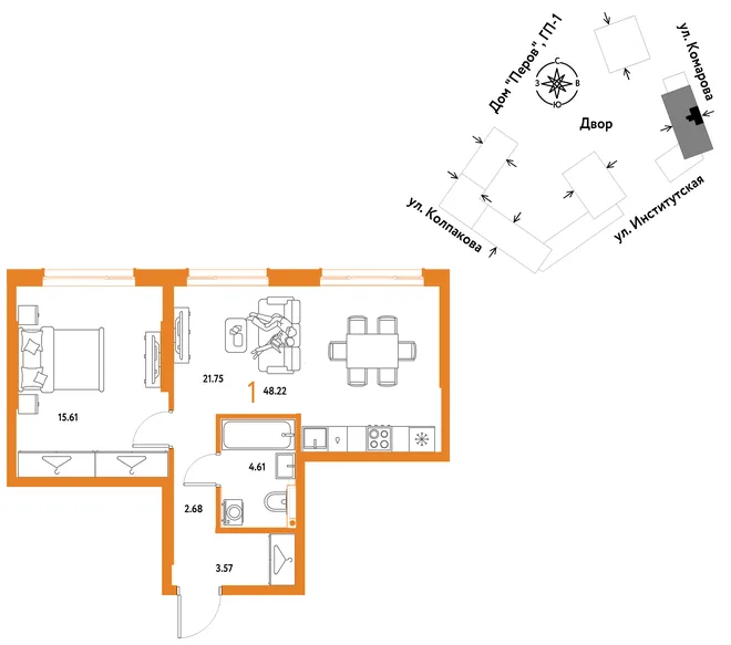 Планировка 1-комн. квартира, 48.22 м² ЖК «Страна.Парковая» Планировка 1-комн. квартира, 48.22 м² ЖК «Страна.Парковая»
