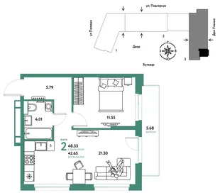 Планировка 2-комн. квартира, 48.42 м² ЖК «Авторский»