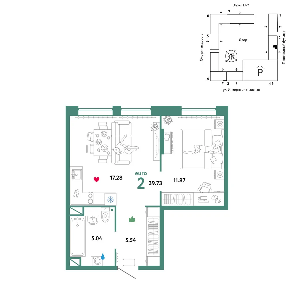 Планировка 2-комн. квартира, 39.73 м² ЖК «Юнион»