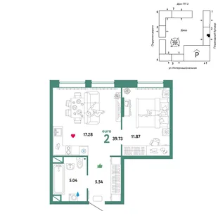 Планировка 2-комн. квартира, 39.73 м² ЖК «Юнион»