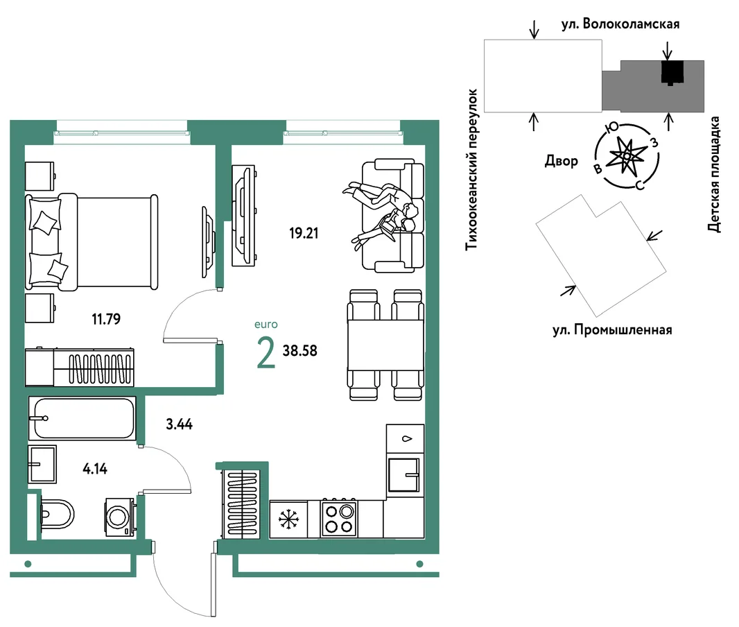 Планировка 2-комн. квартира, 38.58 м² ЖК «Страна Прибрежная»
