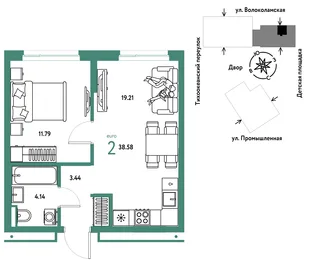 Планировка 2-комн. квартира, 38.58 м² ЖК «Страна Прибрежная»
