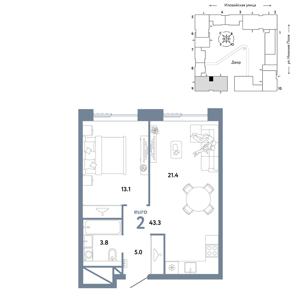 Планировка 2-комн. квартира, 43.3 м² ЖК «Страна.Заречная»