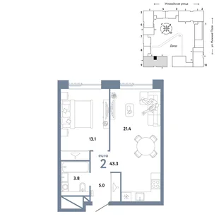 Планировка 2-комн. квартира, 43.3 м² ЖК «Страна.Заречная»