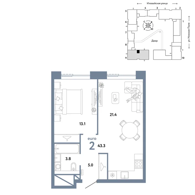 Планировка 2-комн. квартира, 43.3 м² ЖК «Страна.Заречная» Планировка 2-комн. квартира, 43.3 м² ЖК «Страна.Заречная»