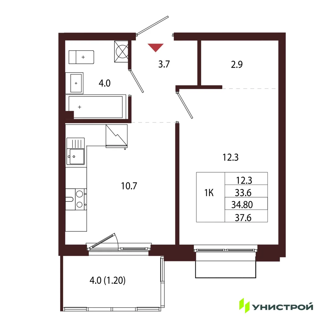 Планировка 1-комн. квартира, 34.8 м² ЖК «Лисино»