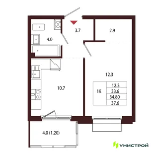 Планировка 1-комн. квартира, 34.8 м² ЖК «Лисино»