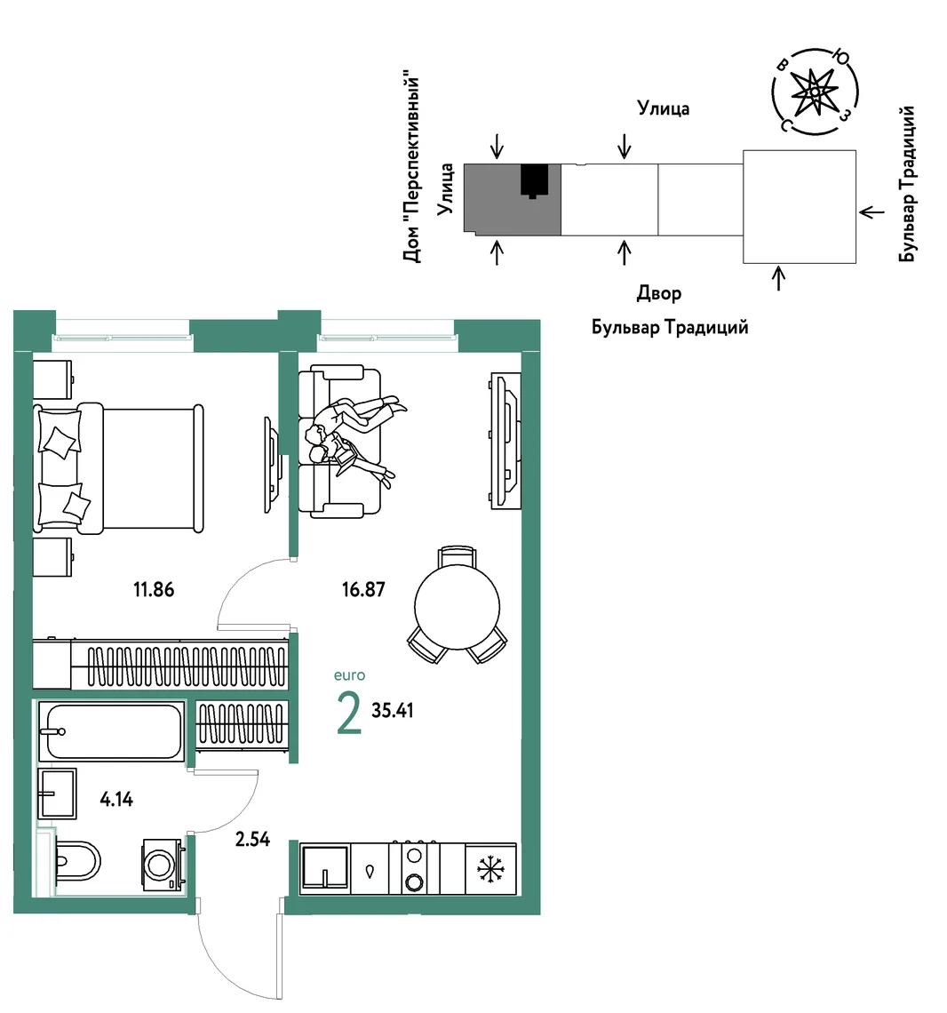 Планировка 2-комн. квартира, 35.41 м² ЖК «Микрорайон Домашний»