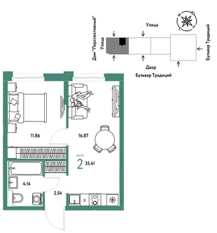 Планировка 2-комн. квартира, 35.41 м² ЖК «Микрорайон Домашний»