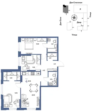 Планировка 4-комн. квартира, 81.95 м² ЖК «Европейский берег 2.0»
