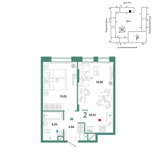 Планировка 2-комн. квартира, 40.52 м² ЖК «Юнион»