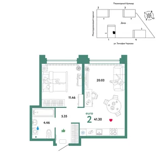 Планировка 2-комн. квартира, 41.3 м² ЖК «Микрорайон Звездный»