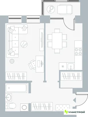 Планировка 1-комн. квартира, 39.91 м² ЖК «Причал»