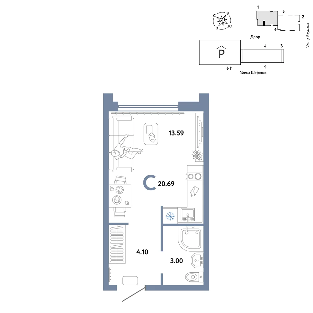 Планировка Студия, 20.69 м² ЖК «Страна.Энтузиастов»