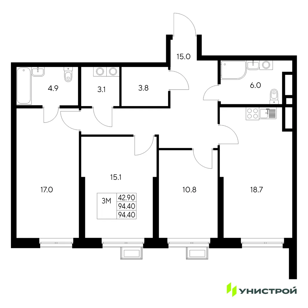 Планировка 3-комн. квартира, 94.4 м² ЖК «Стадиум»