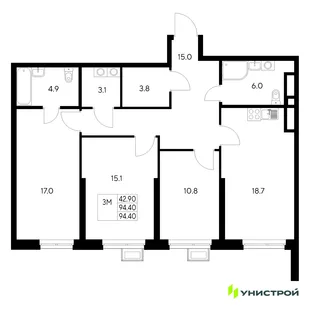 Планировка 3-комн. квартира, 94.4 м² ЖК «Стадиум»