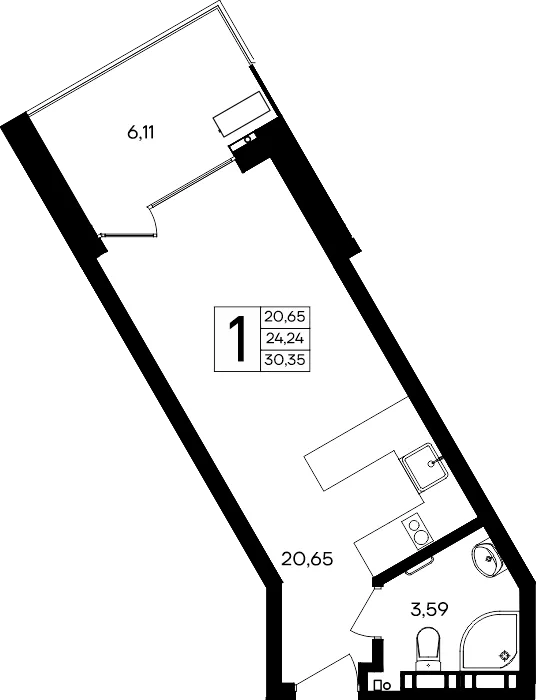 Планировка 1-комн. квартира, 30.35 м² Апарт-комплекс «Песок и море»