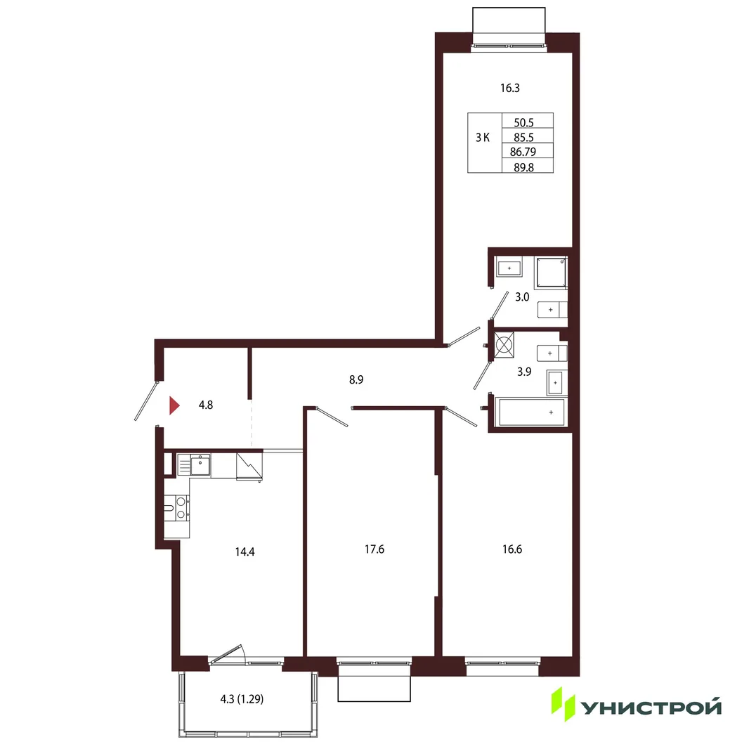 Планировка 3-комн. квартира, 86.79 м² ЖК «Лисино»
